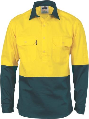 DNC 3834 hi vis cotton drill closed front long sleeve shirt