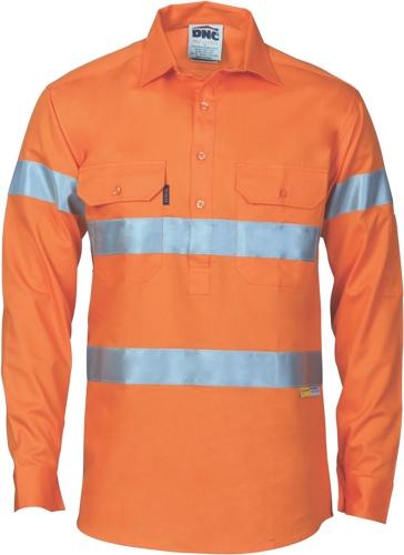 DNC 3848 hi vis cotton closed front drill long sleeve shirt with tape